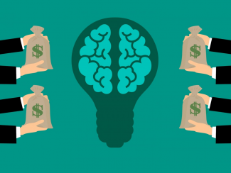 Illustration of brain in lightbulb surrounded by money bags