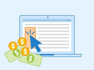 Open computer with currency coming from the screen