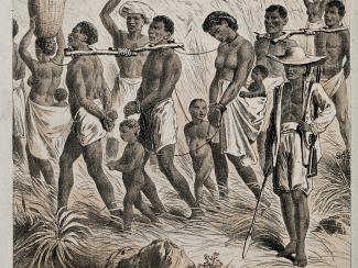 Group of men, women and children being taken to a slave market