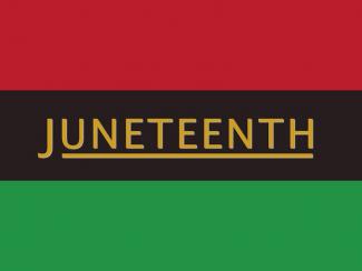 The word "Juneteenth" on the Pan-African flag