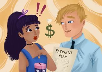 Man with payment plan in front of a woman