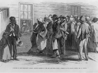 Line of people at the freedmen's bureau