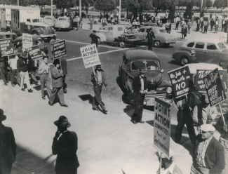 Wartime workers picketing for unemployment benefits circa 1948