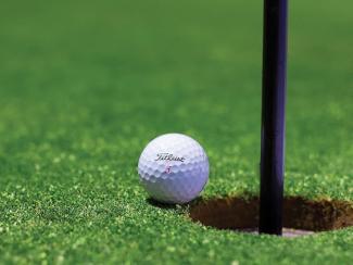 Golf ball next to golf ball hole