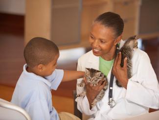 black female vet holding a kitten by a small young black boy