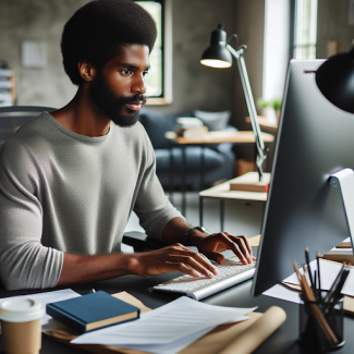 black man setting at a desk typing in front of a desktop screen